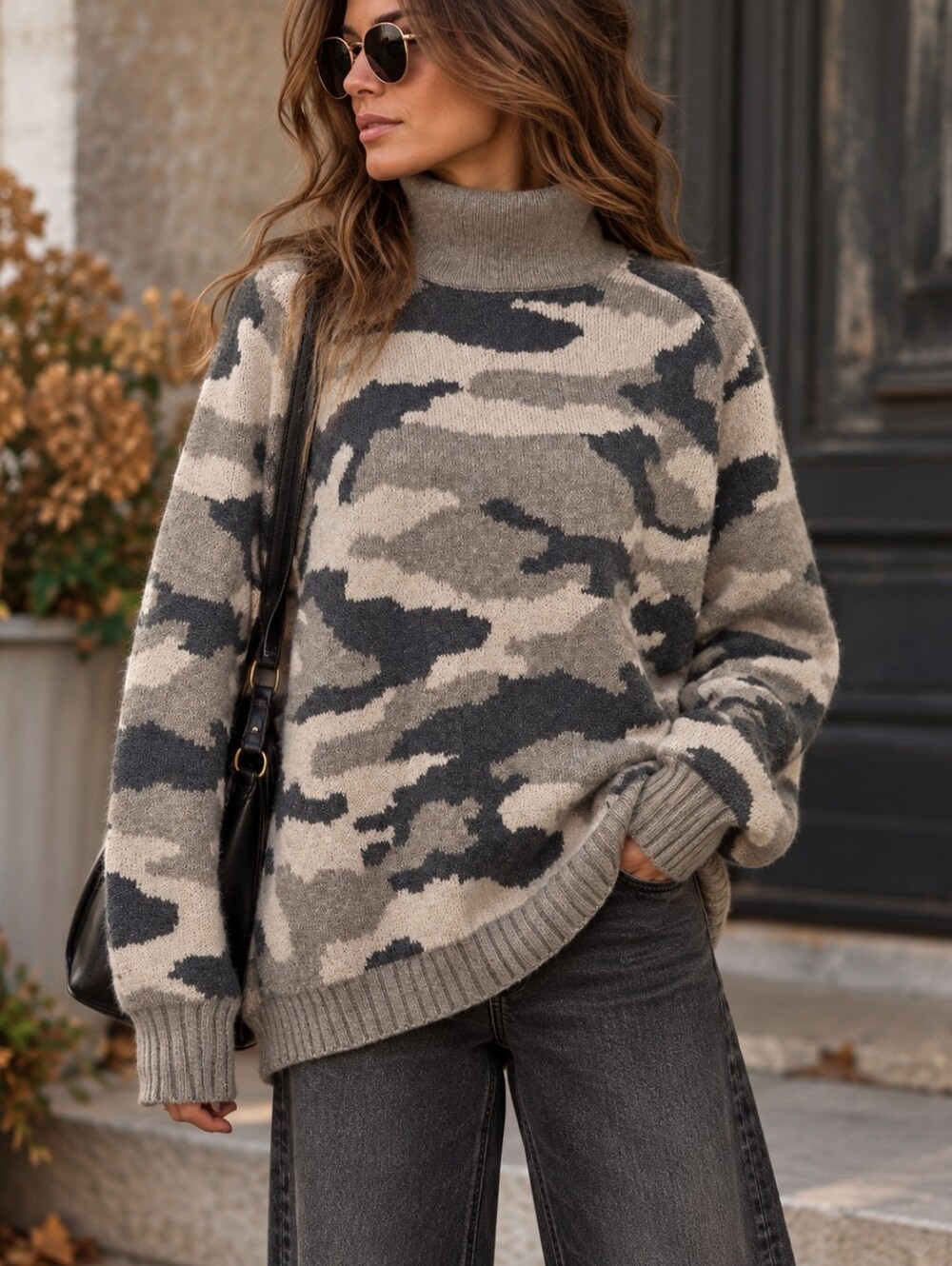 Christian Siriano Camo Turtleneck Sweater L Gray Cozy Streetwear Grunge Utility